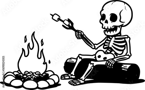 Campfire Skeleton: A whimsical skeletal figure enjoys a moment of relaxation around a cozy campfire, roasting a marshmallow in a monochrome illustration
