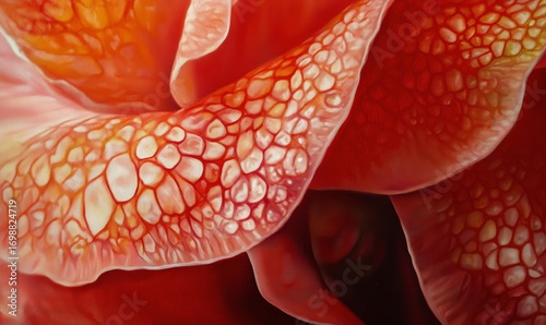 Close View Shows Vivid Red Flower Petals During Warm Daylight Conditions.
