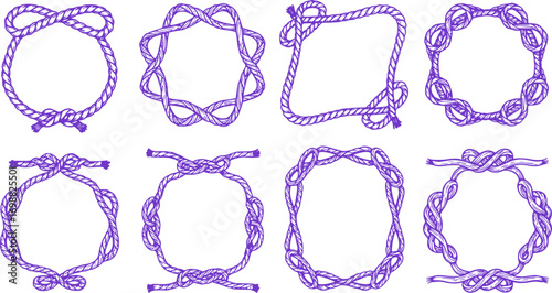 Rope Frame Set – Hand-Drawn Nautical Knot Borders, Marine Cord Shapes, Sailor Twisted Rope Poster Decoration, Vintage Lasso Frame Doodle, Isolated Vector Rope Design