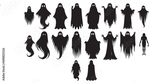 Collection of black ghost silhouettes with varied shapes and poses