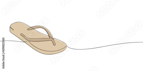Minimalist continuous line drawing of beige flip flop sandal. Vector illustration of casual summer footwear for fashion, clothing, outfit, beachwear, and shoe design template.