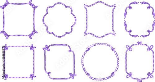 Rope Frame Set – Hand-Drawn Nautical Knot Borders, Marine Cord Shapes, Sailor Twisted Rope Poster Decoration, Vintage Lasso Frame Doodle, Isolated Vector Rope Design