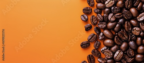 Roasted Coffee Beans Scattered on a Plain Orange Background, With Empty Space.
