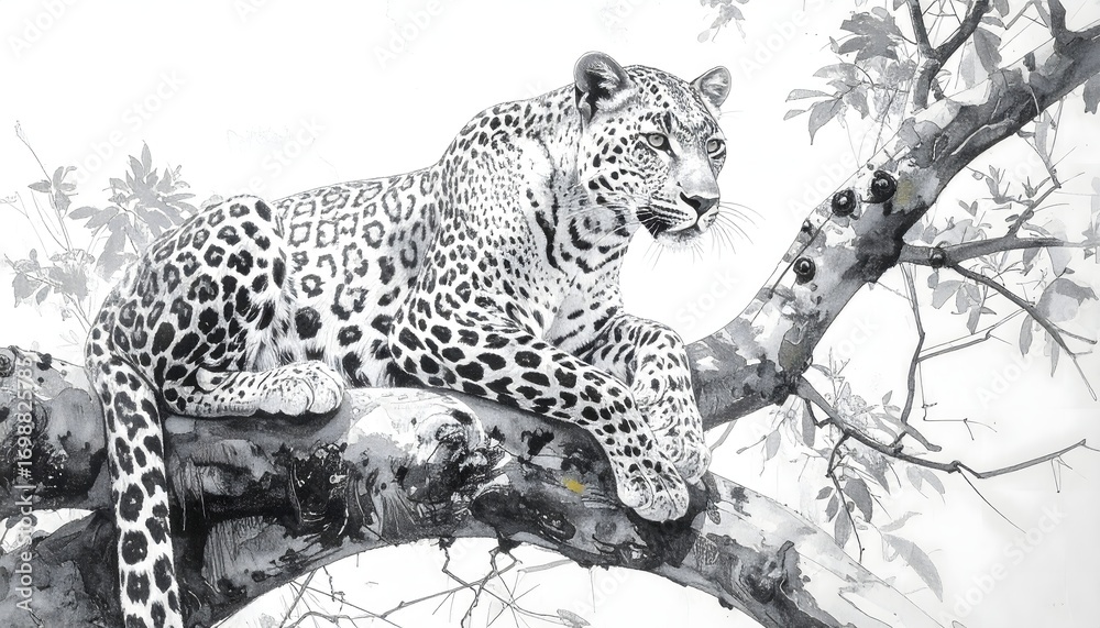 Obraz premium Majestic leopard artwork detailed sketch on tree high resolution Image