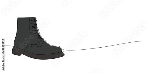 Minimalist continuous line drawing of black lace-up boot. Vector illustration of footwear for fashion, clothing, textile, outfit, wardrobe, and shoe design template