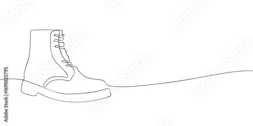 Lace-up boot in minimalist continuous line drawing style. Simple outline illustration of fashion footwear. Template for design, poster, banner, invitation, greeting card, and print