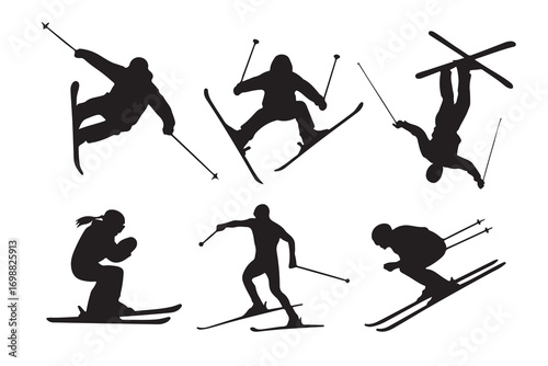 Six Black Silhouette Skiers in Dynamic Poses skiing 1