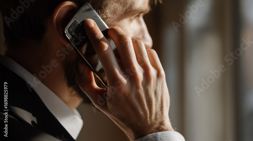 Close-up shot of masculine hand holding a phone pressed against his ear in an active phone conversation