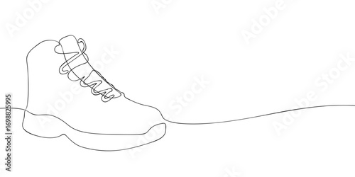 One line drawing of a hiking boot with laces and thick sole. Minimalist linear illustration. Footwear, outdoor activity and fashion concept for design, textile and education