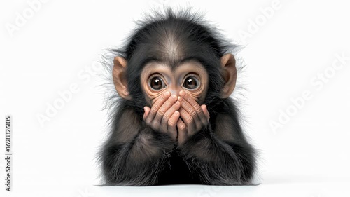 A baby chimpanzee with wide eyes, covering its mouth with its hands, giving an expression of surprise or shock