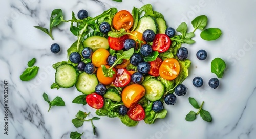 Overhead View of a Fresh Salad With Blueberries and Tomatoes on Marble.