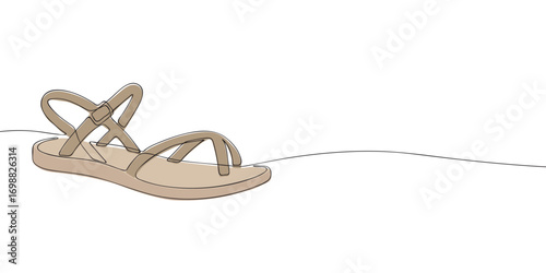 One line drawing of a sandal with straps and buckle. Minimalist footwear illustration. Summer shoe, fashion and accessory concept for design, textile and education