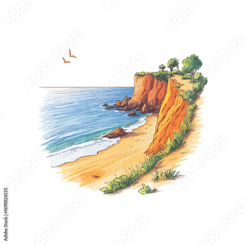 cliff beach view hand drawn illustration