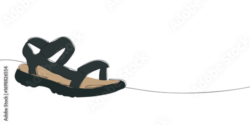 One line drawing of a sandal with thick sole and wide straps. Minimalist footwear illustration. Summer shoe, outdoor gear and fashion concept for design, textile and education