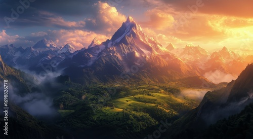 Himalayan Mountains Under Light of Sunrise and Green Forested Valley