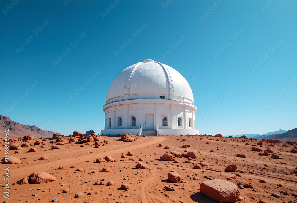 Fototapeta premium White Observatory Dome in Desert Landscape Modern Scientific Architecture with Ramp and Windows Remote Astronomy Facility Under Clear Blue Sky 