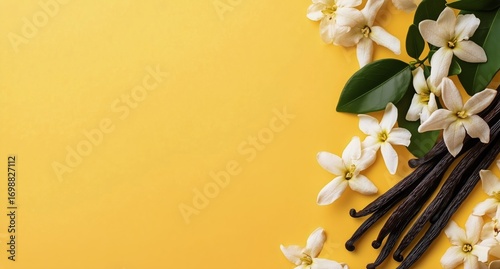 Vanilla Pods and Flowers Arranged on a Yellow Background in Studio Shot