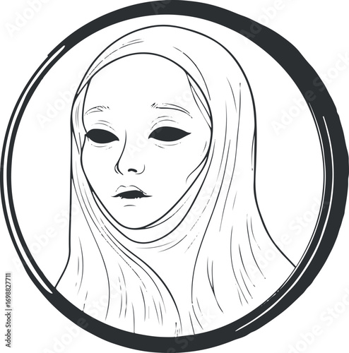 Haunted mirror with ghostly face inside reflection, arranged in circular design, bold black outlines, clear line art 2