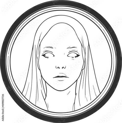 Haunted mirror with ghostly face inside reflection, arranged in circular design, bold black outlines, clear line art 3