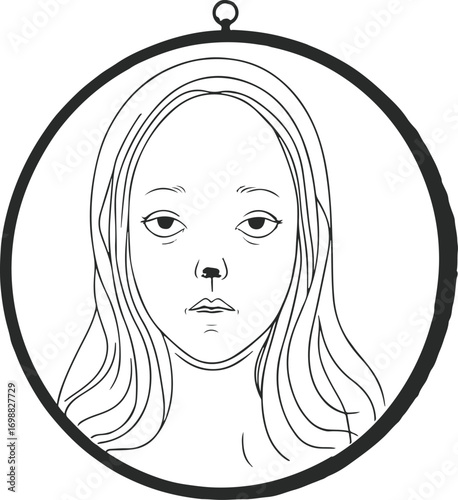 Haunted mirror with ghostly face inside reflection, arranged in circular design, bold black outlines, clear line art