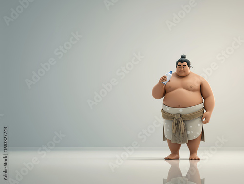 Cartoon sumo wrestler holding a water bottle, standing confidently on a reflective surface, showcasing strength and hydration in a minimalist environment with soft lighting