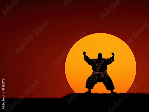 Silhouette of a martial artist in traditional attire, striking a powerful pose against a vibrant sunset, symbolizing strength, discipline, and the spirit of martial arts practice