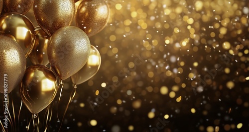 Elegant Golden Balloons Float Among Sparkling Confetti During a Party Event.