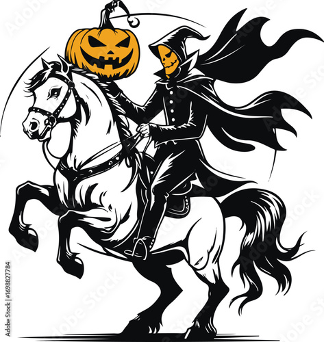 Headless horseman holding pumpkin head, horse rearing, circular composition, bold black outline, clean vector line art 3