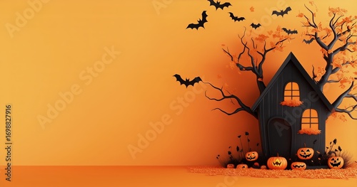 House and Bats Create Spooky Halloween Scene on Orange Background.