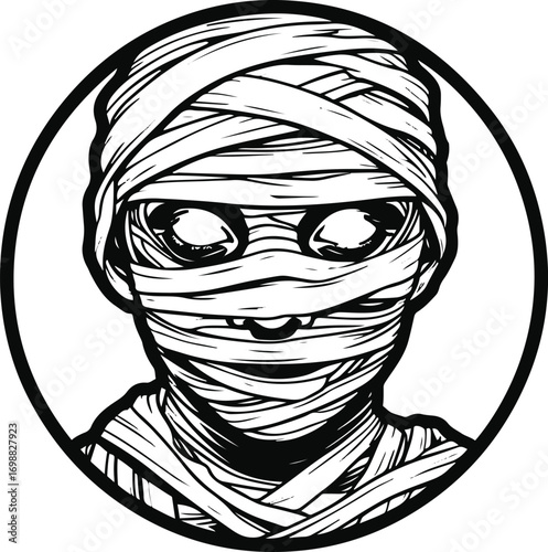 Mummy face with bandages and glowing eyes, inside perfect circle, bold black outlines, clean horror line art