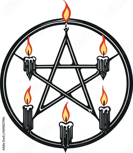 Pentagram symbol with burning candles around, inside circular frame, bold black outline, dark occult style line art 1
