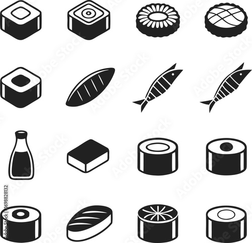 Collection of black and white isometric sushi and food icons on white background maki