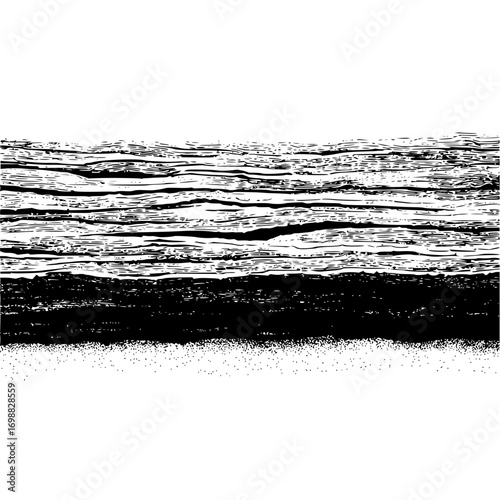 Abstract black and white illustration featuring horizontal lines and textured dark areas at the bottom