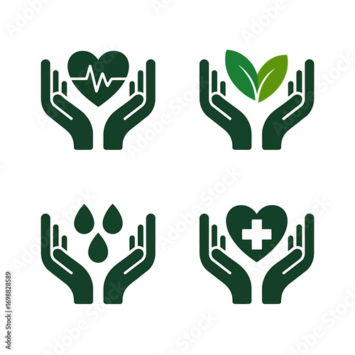 Icons for health care environment sustainability water conservation and medical support featuring hands holding various symbols against a white background