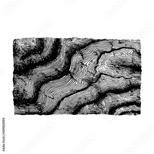 Abstract topographic map illustration with dense contour lines in black and white creating depth