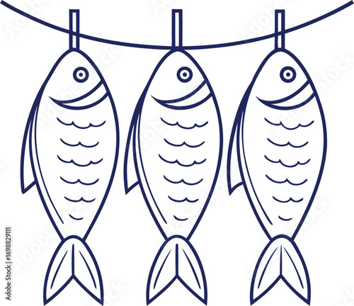 Three stylized dark blue fish hanging on a line drying food