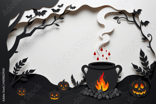 Paper cut, paper art for Halloween background. A spooky Halloween scene featuring a cauldron, flames, bats, and pumpkins, all in a creative cut-paper style.
