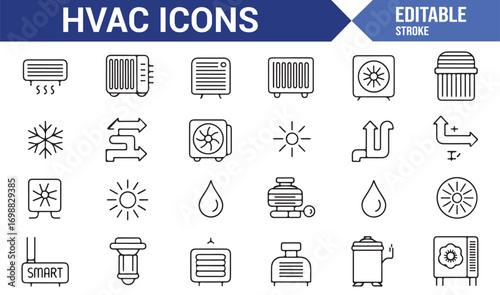 Industrial HVAC icons set for energy, building, and climate engineering design