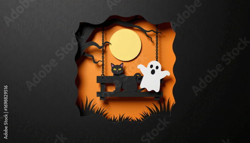 Paper cut, paper art for Halloween background. A playful Halloween scene featuring a black cat and a ghost on a swing under a full moon, framed by a dark background.