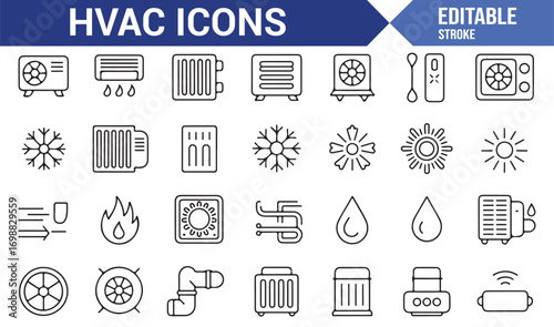 Collection of HVAC system icons for air conditioning, heating, and ventilation