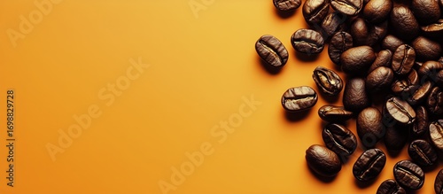 Roasted Coffee Beans Scattered on a Plain Orange Background, With Empty Space