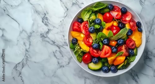 Overhead View of a Fresh Salad With Blueberries and Tomatoes on Marble