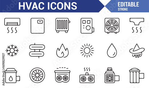 Climate control HVAC icons pack for indoor air, energy, and mechanical systems