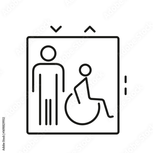 Elevator Accessibility Line Icon. Inclusive Design And Mobility Support Outline Symbol. Wheelchair And Standing Person In Lift. Editable Stroke. Isolated Vector Illustration