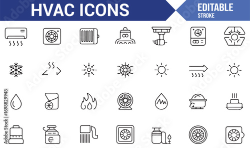 HVAC system icons set with heating, cooling, ventilation, and conditioning design