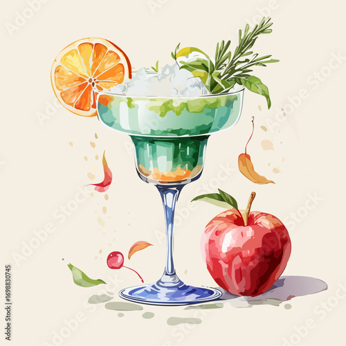 Green Halloween Margarita with Spider Garnish and Fresh Fruit Decoration Vector