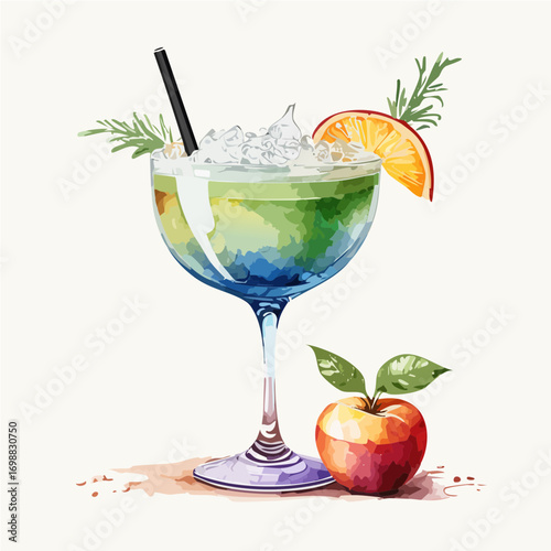 Colorful Blue and Green Cocktail with Ice Cubes, Citrus Slice, and Fresh Apples Vector