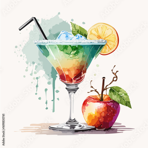 Colorful Blue and Green Cocktail with Ice Cubes, Citrus Slice, and Fresh Apples Vector