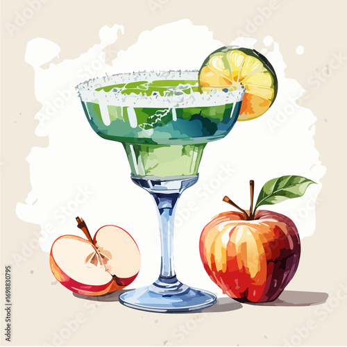 Green Halloween Margarita with Spider Garnish and Fresh Fruit Decoration Vector