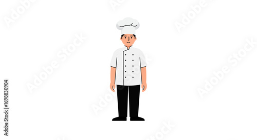 Chef in uniform standing with white hat and jacket on blank background